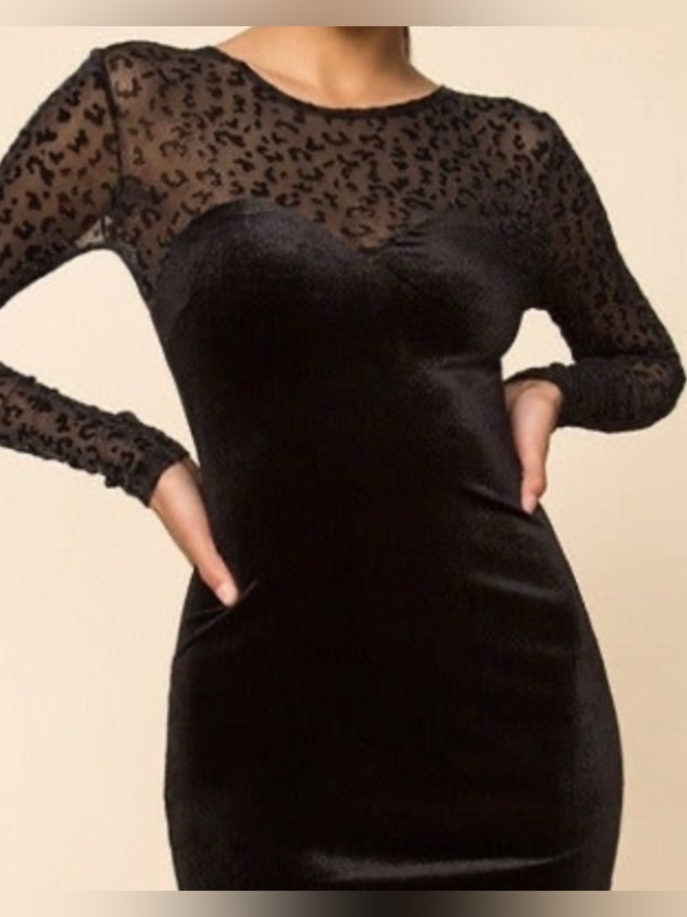 Superdown Kimberly black velvet and mesh mini dress sheer leopard print sleeves